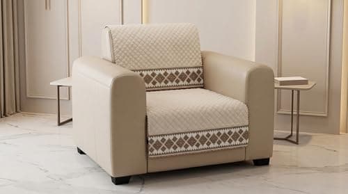 KINGLY Sofa Cover 5 Seater Set 3+1+1 Fully Covered - Royal Ivory Damask Quilted Traditional Couch Cover with PVC Pipe Anti Skid 3