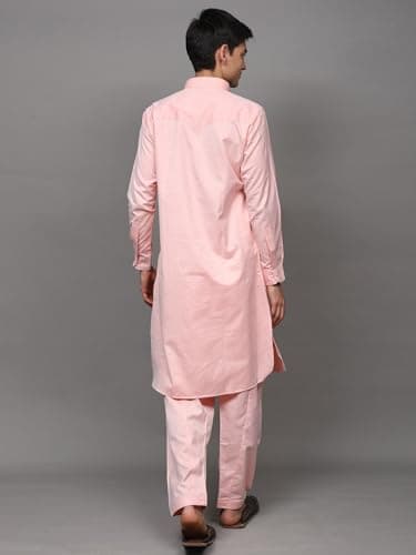 Exotic India Men's Solid Color Pathani Poly Cotton Kurta Pajama Set | Ethnic Wear Kurta Pant Combo Set for Festive Wedding Party Seashell Pink 4
