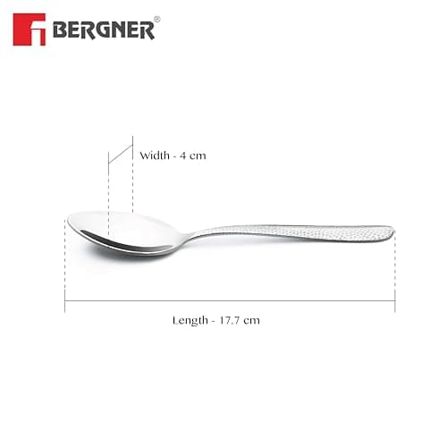 Bergner BE Essentials Sitello Stainless Steel 6 Pcs Dinner Spoon Set, 17.5cm Long, Hammered Handle, Premium Spoons with Classic and Retro Design, Spoons for Home and Kitchen, 1.8mm Thickness - Silver 3