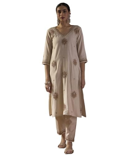 INDO ERA Women's Liva Ethnic Motifs Embroidered Straight Kurta & Pant Set (White_IESTR12380_XX-Large)