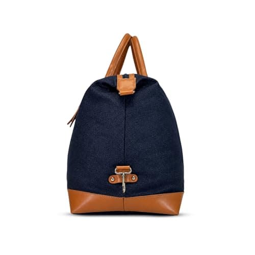 Packster Denaro 37L Weekender Duffle Bag for Men, Denim Travel Bag with Leatherette Handles, Adjustable Shoulder Strap, Front Zip Pocket, Water-Resistant, Lightweight Overnight Bag (Tan Navy) 4