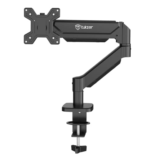 Tukzer Single Gas Spring Monitor Arm, Computer Screen Monitors Stand/Desk Mount (13"–32") with C-Clamp & Grommet Mounting Base,Full Motion Tilt/Swivel/Rotation/Aluminium Build,VESA 75x75 & 100x100 mm