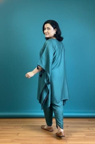 Women's Fusion Coord Set – Premium Kaftan Top with Handwork & Tassel Details and Lace Tulip Pants – Chic Ethnic Indo-Western Outfit for Parties & Festive Occasions (Standard, Ocean Blue, XL) 5