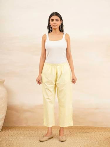 Women?s Cotton Ankle Length Pants | Solid Straight Fit | Soft & Breathable Casual Bottom Yellow 2