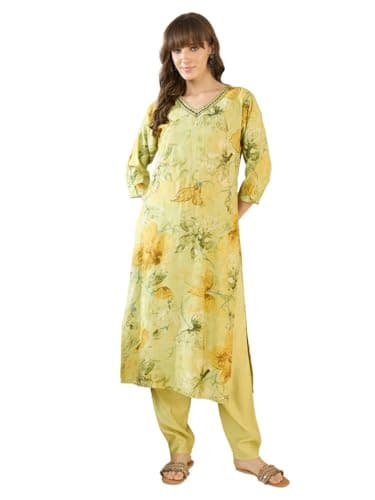 INDO ERA Women's Cotton Blend Floral Embroidered Straight Kurta & Pant Set | Co Ord Set For Women Stylish