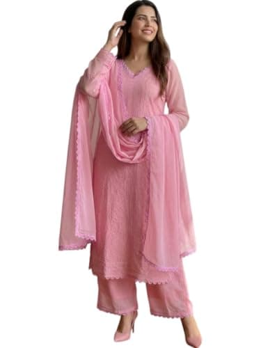 Esomic Women's Anarkali Kurta Pant Dupatta Set | Embroidered & Printed Ethnic Kurti Set | V Neck | 3/4 Sleeve | Festive, Party & Casual Wear (in, Alpha, XL, Regular, VZ-KPD-3012 Pastel Pink)