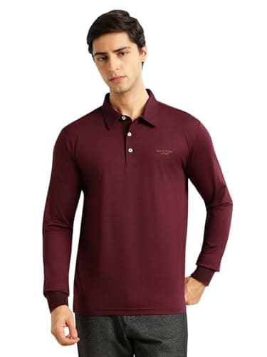 Thomas Scott Men's Regular Fit Polo Performance T-Shirt | Viscose Rayon Fabric | Solid Knitted Polo Collar | Long Sleeves | Soft, Breathable & Comfortable Casual Wear for Men (TSSFSP01_Wine_S)
