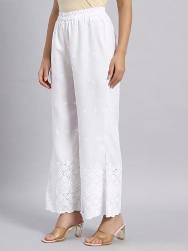 SHOPPING QUEEN Women's Cotton Embroidered Chikankari Palazzo (A696_White9_XL) 3