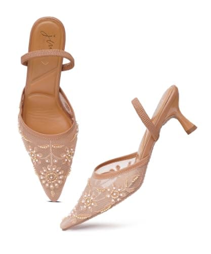 JM LOOKS Luxury Embroidered Pointed Toe Kitten Heels Beaded Mesh Casual Wear Fashion Sandals for Women