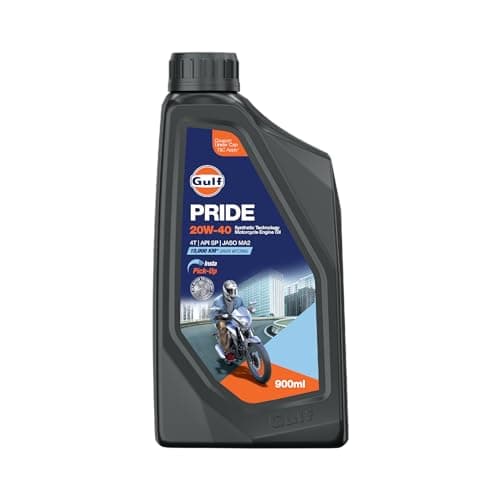 Gulf PRIDE 20W-40 4T API SP, JASO MA2 | 10 K Km Drain Interval | BS6 & earlier | 2 Wheeler Bike 4 Stroke Synthetic Blend Engine Oil [900 ml] - Pack of 1