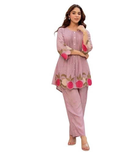DEKWIN Womens Co-ords Set Premium Mul chanderi | Co-ord Set for Women Stylish | Casual Top with pent Set (Women, Pink, XL)