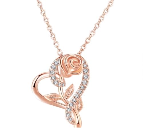 Nilu's Collection Stylish Rose Gold Plated CZ Chain Pendent Set for Women, Heart Shaped Pendant with Rose Design (Rose Gold)