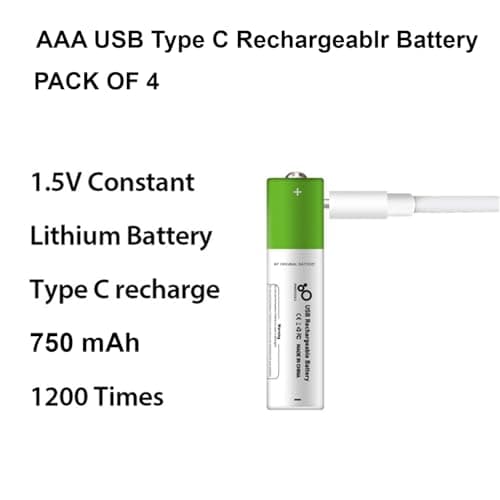 Rechargeable AAA Batteries 1.5V 750mWh USB Lithium ion Rechargeable AAA Battery with USB Type C Charging Cable, High Capacity Fast Charge, 1200 Cycles Constant Output, Over-Charge Protection Pack of 3 2