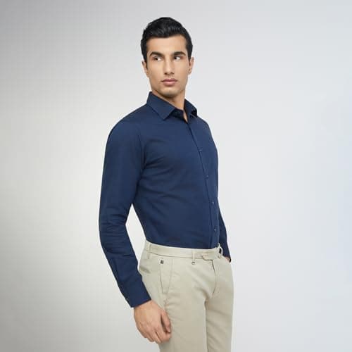 Raymond Men's Slim Fit Cotton Semi Cut Away Collar Solid Pattern Full Sleeve Dark Blue Shirt 2