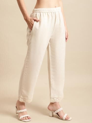 Pistaa's Women's Cotton Solid Regular Fit Palazzos (42, Natural) 4