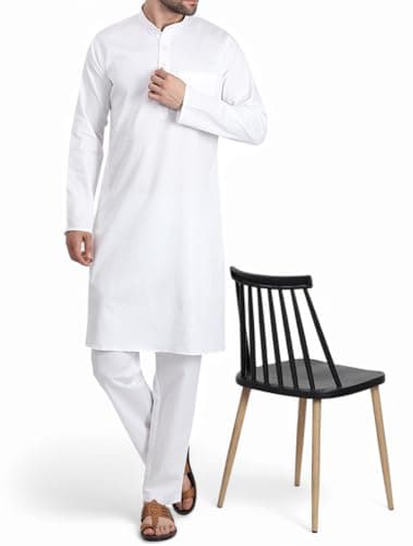 DasteKarigar Traditional Cotton Kurta Pajama Set, White Cotton Kurta Pajama for Men, Long Sleeve, Mandarin Collar, Men's Ethnic Wear (White, 42) 5