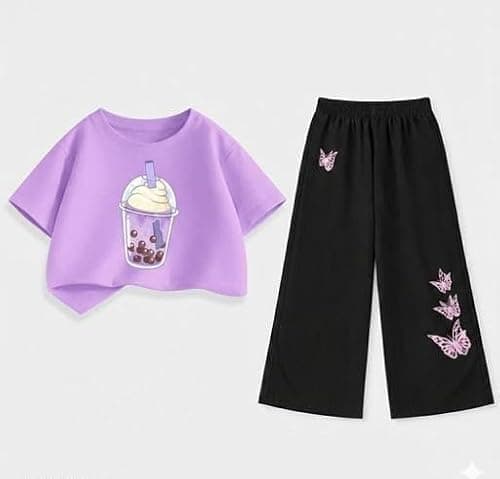 AK MADE IN INDIA Girls Butterfly Print Crop Top Palazzo Set Comfortable Casual Outfit for Daily Use Multi 11-12 Years 2