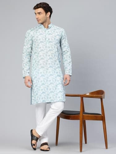 Majestic Man Cotton Mandarin Collar Ethnic Motifs Printed Long Regular Fit Kurta For Men (X-Large, Sky Blue) 5