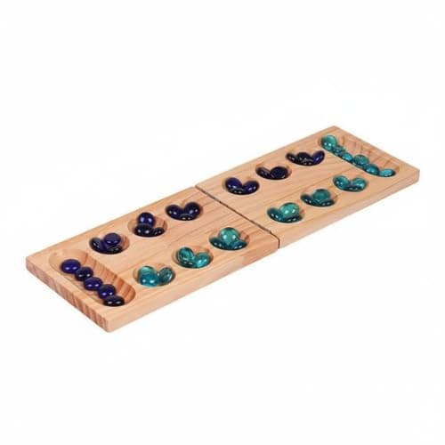 UJEAVETTE Foldable Mancala Board Game Glass Marbles Wood Mancala Set Recessed Pits Folding Game Board Rectangular Case, Pine, Standard