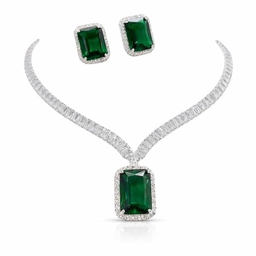 Daily Dish DD Emerald Stone Artificial Necklace Set for Women | Crystal Pendant Necklace with Matching Stud Earrings | Elegant Party & Wedding Jewelry Set for Women & Girls (Dark Green)