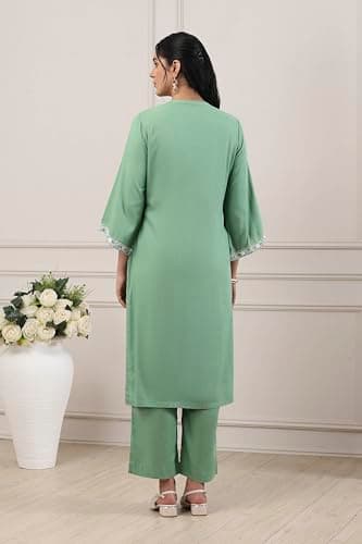 Biba Women Green Viscose Rayon Straight Suit Set_40 5