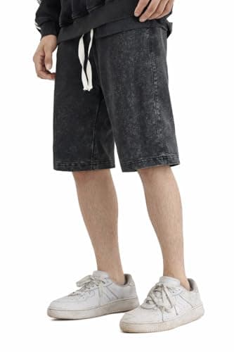 BE SAVAGE Men’s 260 GSM Heavyweight Acid Wash Shorts | Vintage Gym & Summer Shorts | Relaxed Fit Knee-Length with Drawstring (Acide Black, XL)