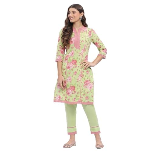 Rangriti Women Green Cotton Straight Set_40
