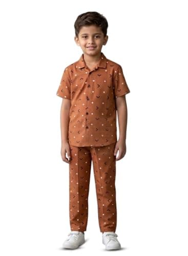 3BROS Unisex Pure Cotton Short Sleeve Kids Night Dress for Boys & Girls Nightwear/Sleepsuit/Sleepwear/Loungewear Night Suit for Boys and Girls Top and Pyjama Combo Set (Brown, 7-8 Years)
