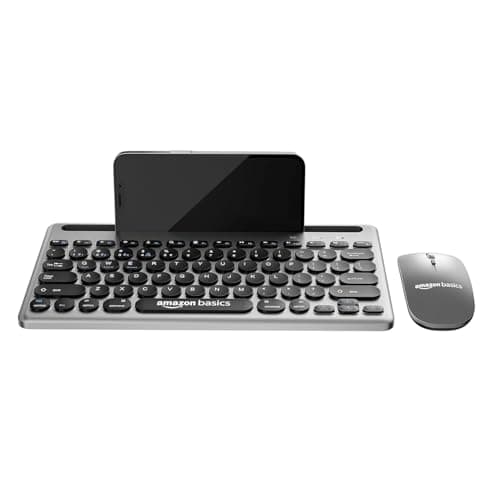 Amazon Basics Wireless Keyboard and Mouse Set with Bluetooth multiconnect, 2.4GHz Receiver,1600 DPI, Smartphone/Tablet Holder, Built in Rechargeable Battery 5