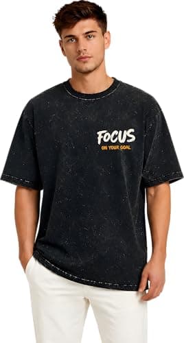 Amazon Brand - Anarva Men’s Oversized Acid Wash T-Shirt | Premium Cotton Relaxed Fit | Drop Shoulder Half Sleeve Casual Streetwear Tee for Men (in, Alpha, 2XL, Regular, Black PRT 4)