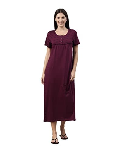 KRYPTIC Womens Burgundy Printed Pure Cotton Maxi Nightdress(Burgundy-L)
