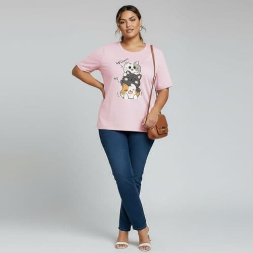 Khakey Womens Pink Round Neck Half Sleeve Graphic Printed Plus Size Tshirt(Pink_760) 4