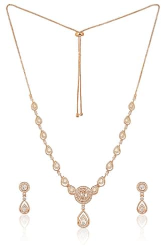 Nilu's Collection Stylish 18k Rose Gold Plated American Diamond Chain Pendent Necklace & Earrings Set for Women | Luxury AD Pendant Gift Set for Women (Premium Set 1) (Rose Gold)
