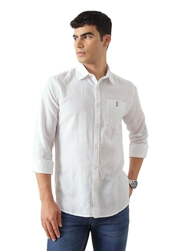 Thomas Scott Men's Cricket Club Collection Premium Slim Fit Casual Shirt | Cotton Linen Long Sleeve Solid Shirt with Spread Collar (CCSH108_White_M)