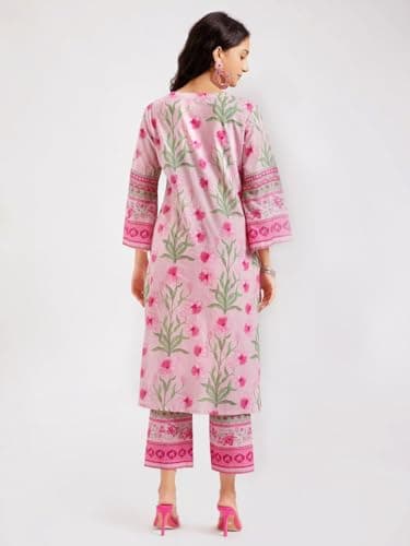 Amazon Brand - Anarva Women’s Pure Cotton Kurta with Palazzo Set | Floral Print Ethnic Wear | Comfortable Two Piece Outfit for Office Casual and Daily Use (Carmi-Pink-XL-re) 5