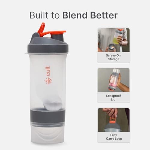 CULT Spider Shaker Bottle 500ml – 3 Compartment Protein Shaker with Blender Ball | Leakproof, BPA-Free, Durable Gym Shaker for Smooth Shakes, Pre-Workout & Supplements Orange 5