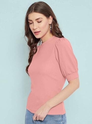 TwoWings India Women's LycraBlend Solid Round Neck Half Sleeve Top | Trendy Casual 3