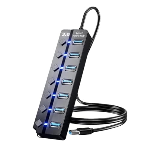 Flavizo USB 3.0 Hub 7 Port Powered Extender with Individual Switches & LED Indicators | High Speed Multiport USB Hub for Laptop, Desktop, Mac, PC, USB Devices – 1.2m Cable