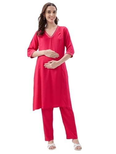 AV2 Maternity Nursing and Feeding Kurta Set | Nursing Zippers | Pre and Post Pregnancy | Raw Silk | Kurta Pant Set | Solid | Pink XXX-Large 5174