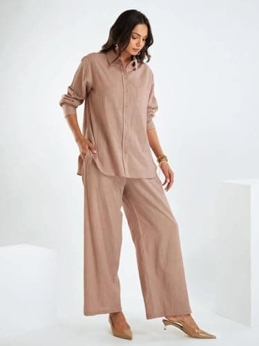 Amazon Brand - Anarva Women's Co-ord Set | Stylish Matching Top and Bottom Set | Loose-Fit Full-Sleeve Top with a Relaxed Silhouette (dusty-rose-gold-set-2xl-re) 4