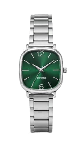 Minimalist Square Green Dial Analog Watch for Men – Slim Case Design with Day & Date Display, Stainless Steel Strap