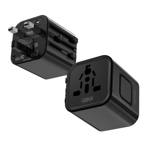 GM G+ Compact Travel Adapter | Universal All-in-One Worldwide Plug (US/UK/EU/AU) | Multi-Device Charging | Smart Safety Protection | Foldable, Fire-Resistant Travel Charger for 150+ Countries - Black