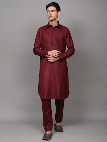 Exotic India Men's Pathani Style Cotton Kurta Pajama Set with Front Pocket | Ethnic Wear Men Kurta Pajama Combo Set 4