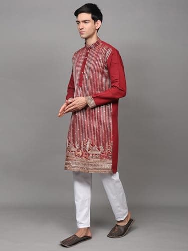 Exotic India Embroidered Stripes and Sequins work Art Silk Kurta with Cotton Pajama Pant Style | Ethnic Designer Kurta Pajama Set for Men 3
