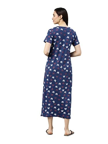 KRYPTIC Womens Navy Printed Pure Cotton Maxi Nightdress(Navy_2-S) 2