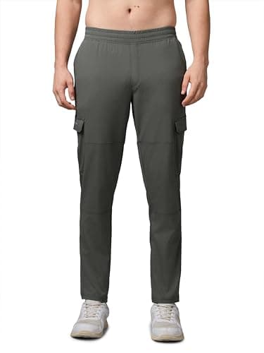 TECHNOSPORT Men's Solid Straight Fit Cargo Pants TS Flexi 4 Pocket Polyester Quick Dry Elasticated Drawstring for Gym Travel Running Workout Olive
