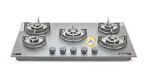 Sujata 5 Burner Gas Stove Glass Top | 5 Years Warranty | Gas Chulha, Auto Ignition Gas Stove, CookTop cum Hob Top, LPG & PNG Compatible, Brass Burner (Palladium FFD Auto Ignition Black)