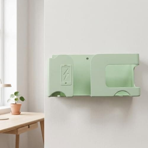 House Beauty Wall Mounted Mobile Charging Holder Stand | Plastic Phone Charging Dock Organizer with Cable Management | Multi Purpose Remote & Smartphone | Space Saving Wall Shelf (1, Green, Standard) 3