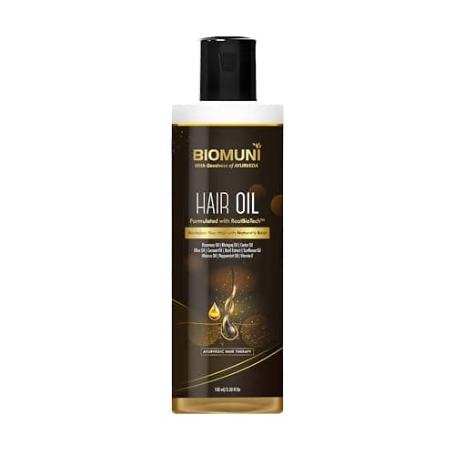 BIOMUNI Advanced Hair Growth Oil with Goodness of Ayurveda | Blend of 10 Natural Ingredients- Rosemary + Bhringraj + Castor + Olive + Coconut + Basil + Sunflower + Hibiscus + Peppermint + Vitamin E | 