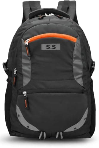 SS Large Laptop Backpack for Boys & Girls – Spacious School & College Bag with Rain Cover, Reflective Safety Strip, Multiple Compartments, Durable Water-Resistant Fabric (35L, Black)